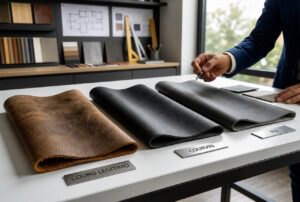 Amostras de couro, courvin e PU em mesa de atendimento, ressaltando a qualidade do atendimento da Agro Química São Gabriel.
