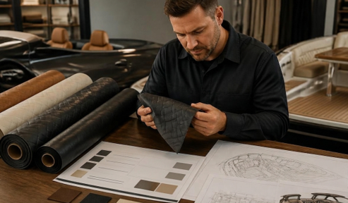 Projetista analisa amostras de laminado sintético de alta performance para estofaria náutica e automotiva. Linha Kelson’s da Agro Química São Gabriel.