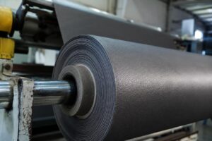 Rolo de revestimento sintético em PVC em linha industrial, simbolizando a qualidade e a trajetória da Agro Química São Gabriel S/A na fabricação de materiais.