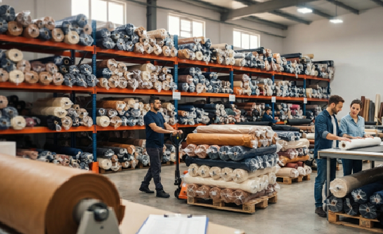 Rolos de revestimento em depósito têxtil, com trabalhador transportando paletes na empilhadeira manual enquanto uma equipe inspeciona um rolo branco sobre a mesa.