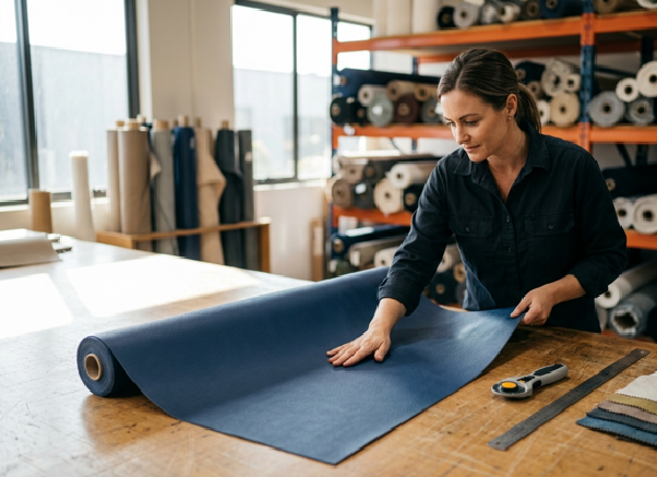 Mulher inspeciona rolo de laminado de PVC premium em revenda.