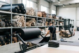 Trabalhador manuseia rolo de laminado sintético em amplo estoque da Agro Química São Gabriel, fornecedor confiável de tecido automotivo.