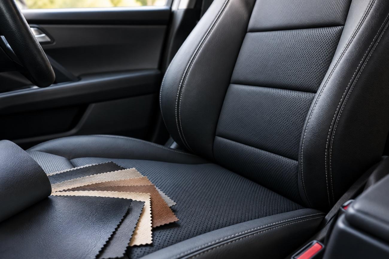 Banco automotivo em laminado sintético de PVC, com amostras de revestimento, destacando opções da Agro Química São Gabriel para acabamento e durabilidade.