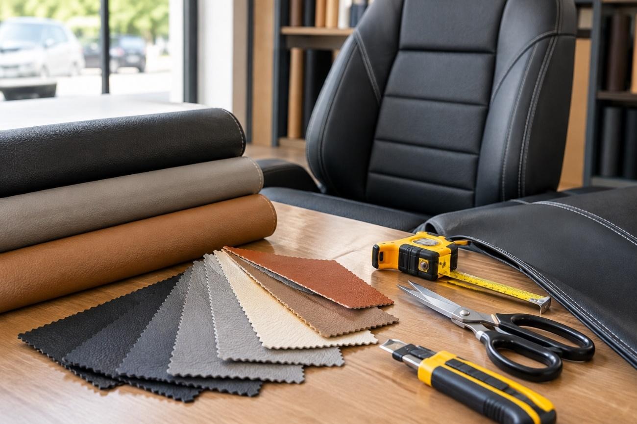 Oficina de tapeçaria com rolos e amostras de laminado sintético de PVC, ferramentas e banco automotivo, destacando soluções da Agro Química São Gabriel.